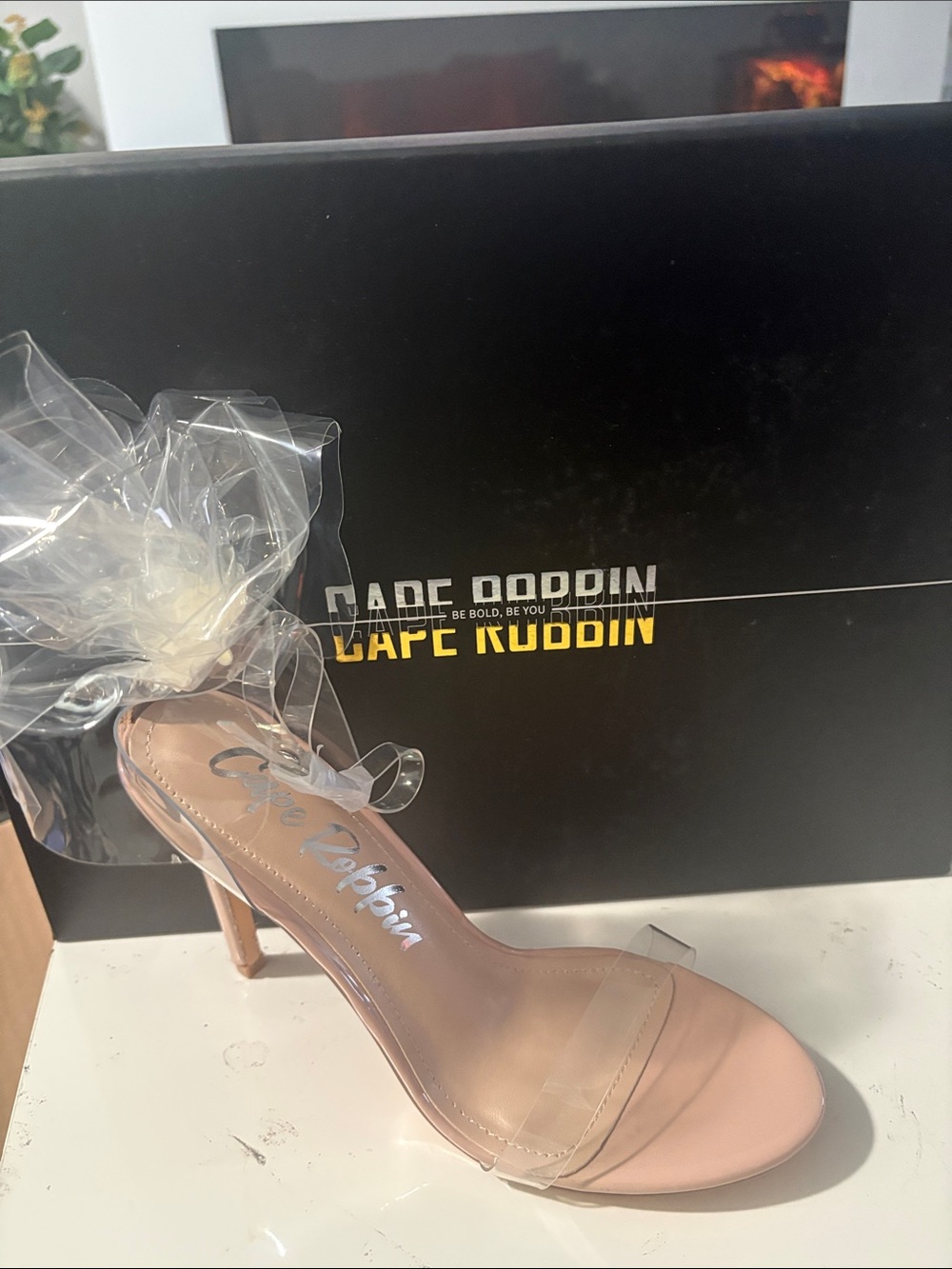 Cape Robbin Blush Pink Clear Strap Stiletto with Ribbon Ankle Tie